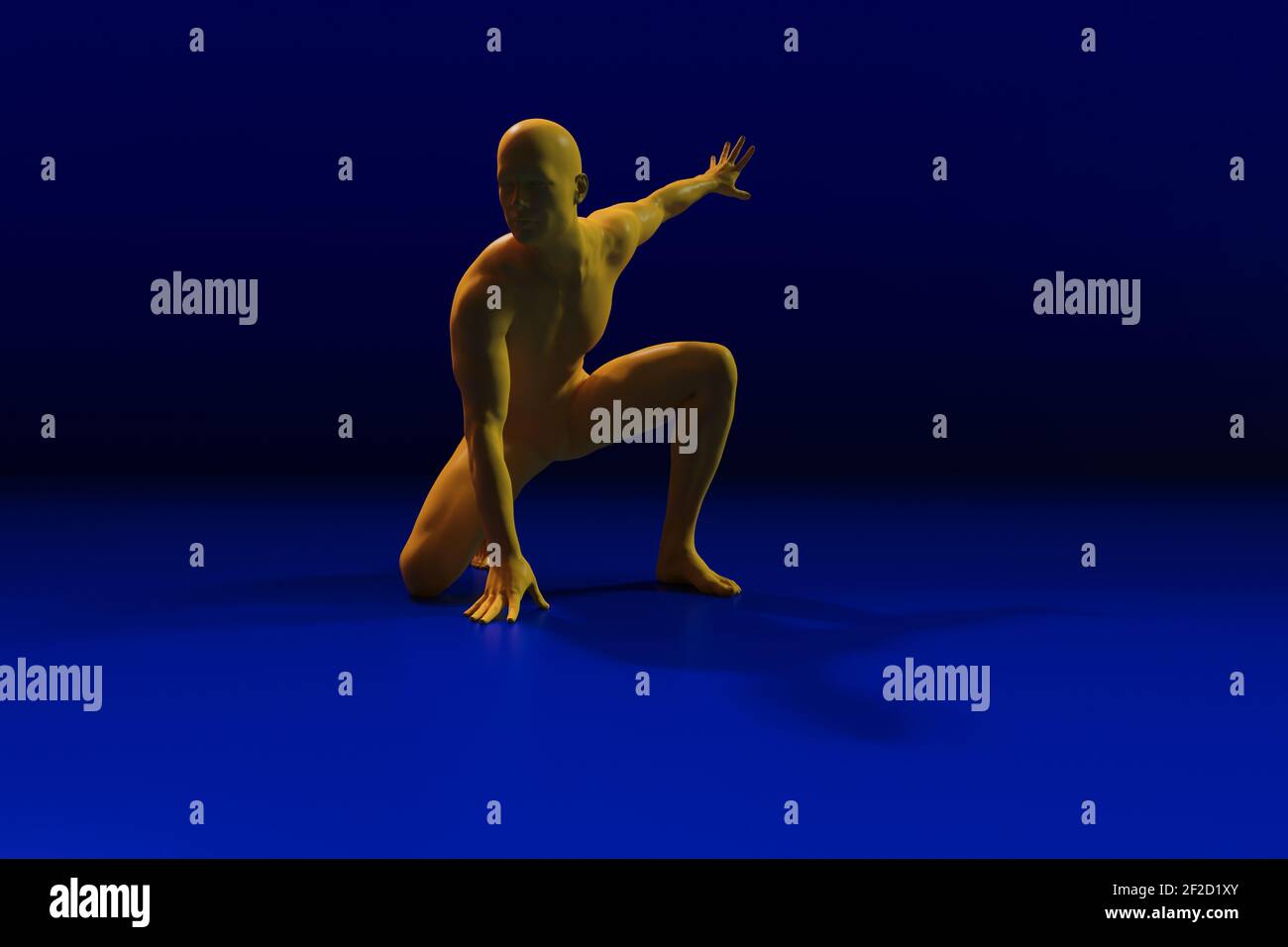 Yellow male figure against blue background CGI figures no MR/PR required Stock Photo