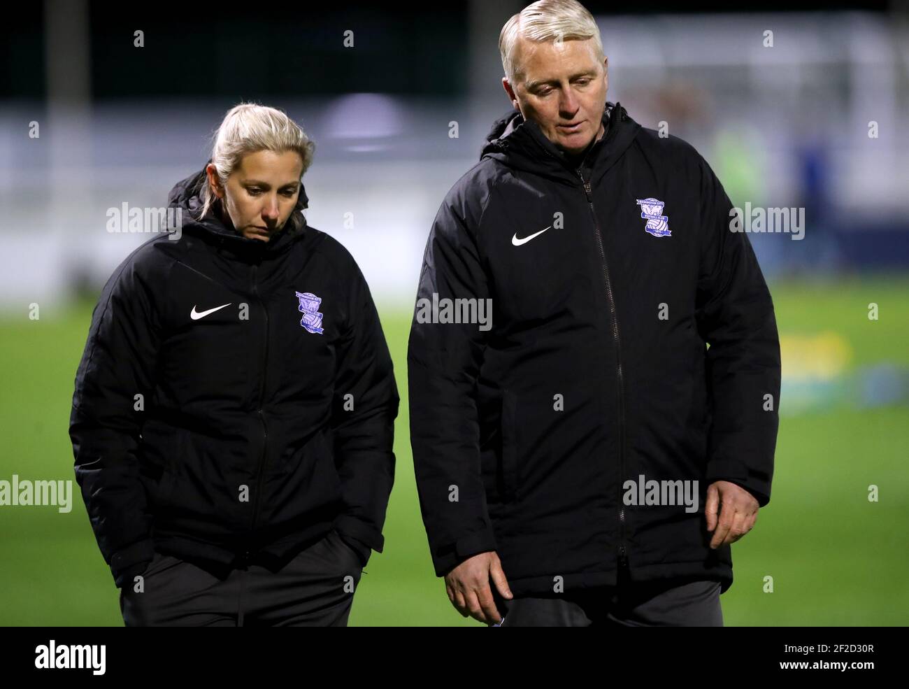 Birmingham City manager Carla Ward (left) and assistant manager Alan Reeves appear dejected at the end of the FA Women's Super League match at the SportNation.bet Stadium, Solihull. Picture date: Thursday March 11, 2021. Stock Photo