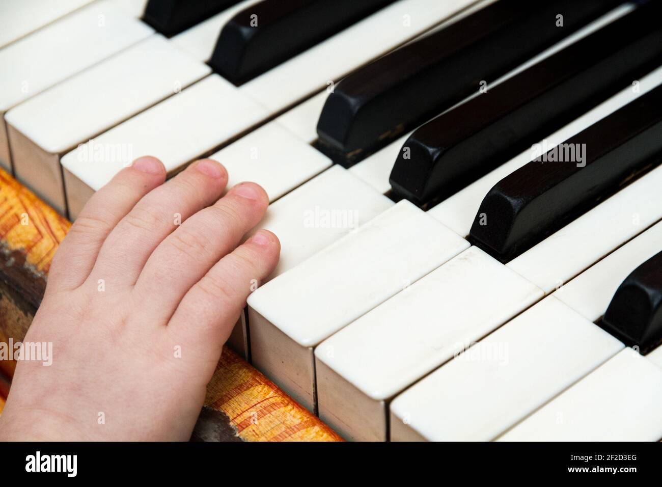 Detail of the hand of a baby playing the keys of a piano Stock Photo