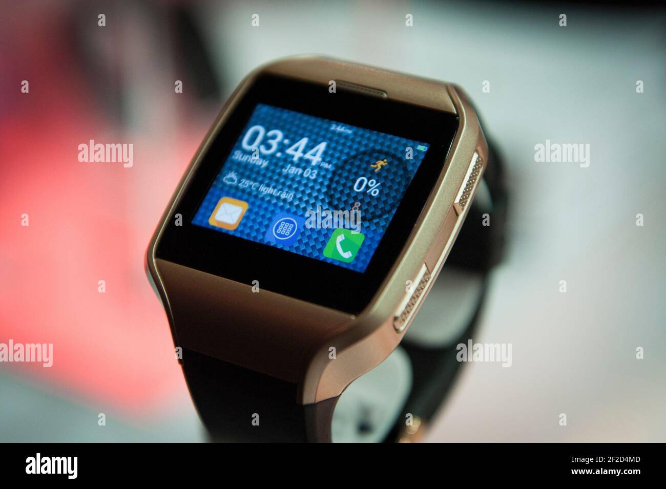 Smart watch on display at the Mobile World Congress 2015, Fia Barcelona Gran Via Conference Centre - Barcelona Stock Photo