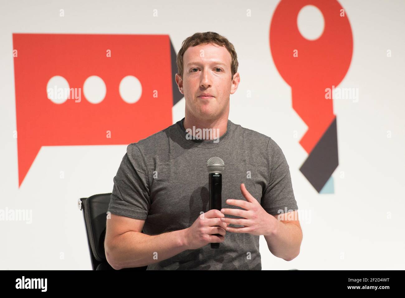 Mark Zuckerberg speaking at the Mobile World Congress 2015, Fia Barcelona Gran Via Conference Centre - Barcelona Stock Photo