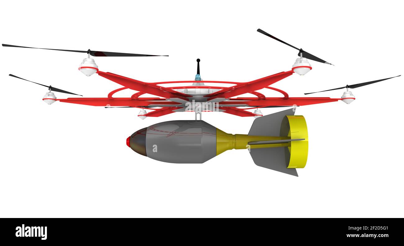 Unmanned combat aerial vehicle. Unmanned combat aerial vehicle (UCAV) with six propellers and an air bomb. 3D illustration Stock Photo
