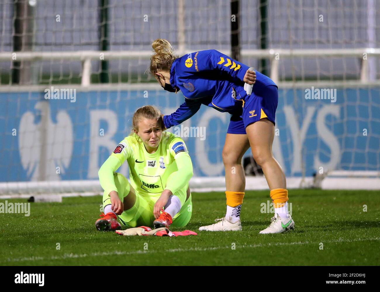 Birmingham City goalkeeper Hannah Hampton (left) is comforted by Everton's Izzy Christiansen at the end of the FA Women's Super League match at the SportNation.bet Stadium, Solihull. Picture date: Thursday March 11, 2021. Stock Photo