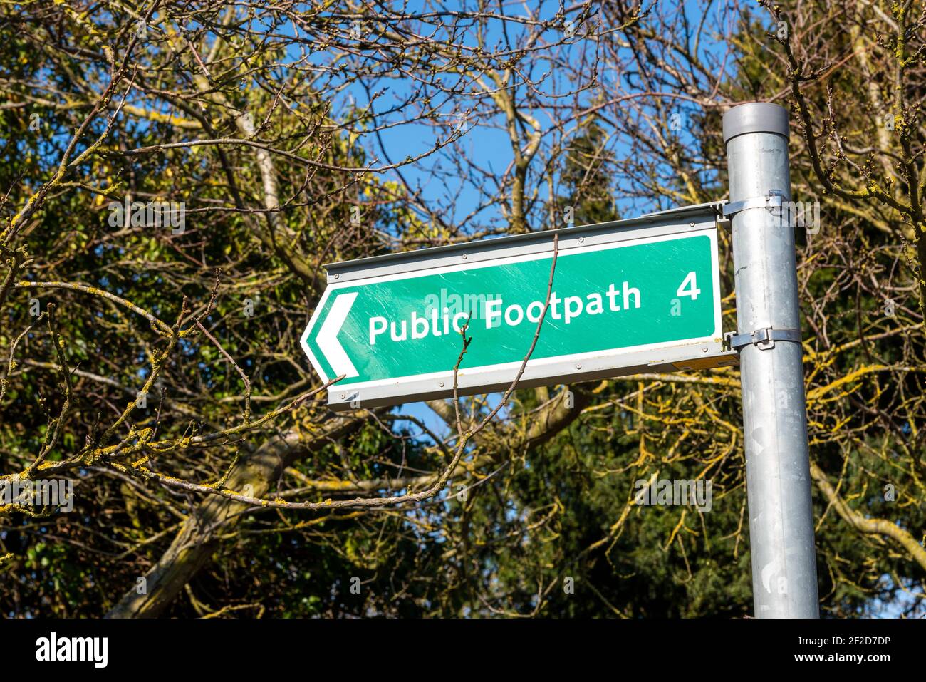 Public Footpath number 4 sign in countryside in Stambridge village, Essex, UK. Heading to Rochford. Rural location, in woodland Stock Photo