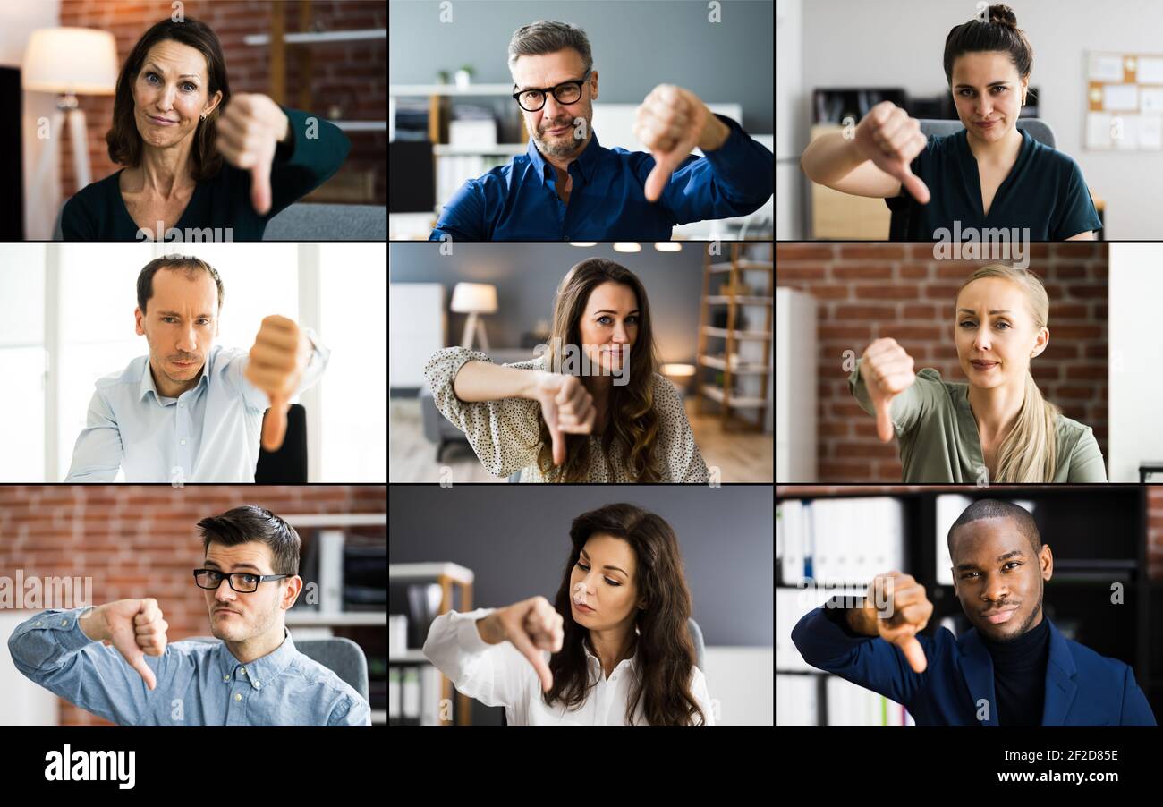 Diverse People Bad Feedback Thumbs Down In Video Conference Stock Photo