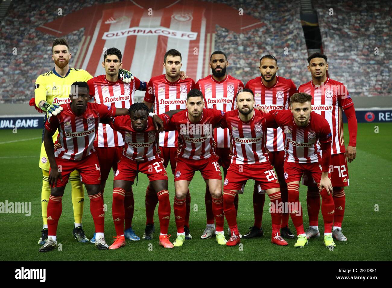 PIRAEUS, GREECE - MARCH 11: Team of Olympiakos during the Olympiacos v Arsenal - UEFA Europa League Round Of 16 Leg One match between Olympiacos FC and Arsenal FC at Georgios Karaiskakisstadion on March 11, 2021 in Piraeus, Greece (Photo by Eurokinissie/Orange Pictures) Credit: Orange Pics BV/Alamy Live News Stock Photo