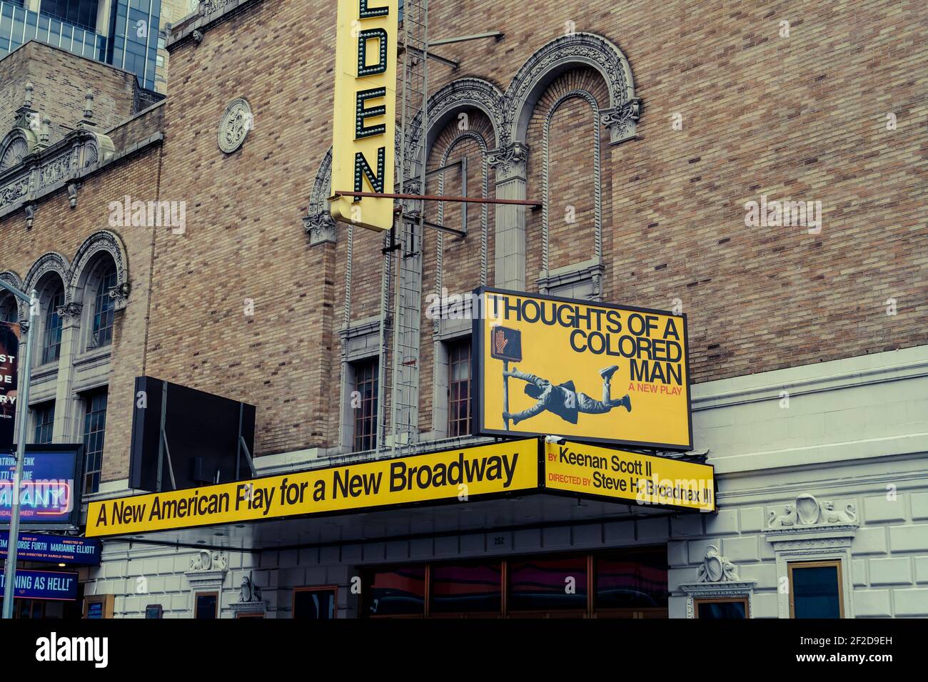 Closed Broadway theaters, including the Golden Theatre, in New York because of the COVID-19 pandemic on Saturday, February 27, 2021. The first new marquee since the pandemic started has been installed on the Golden Theatre for the first new play since the pandemic, 'Thoughts of a Colored Man' by the playwright Keenan Scott II. (© Richard B. Levine) Stock Photo