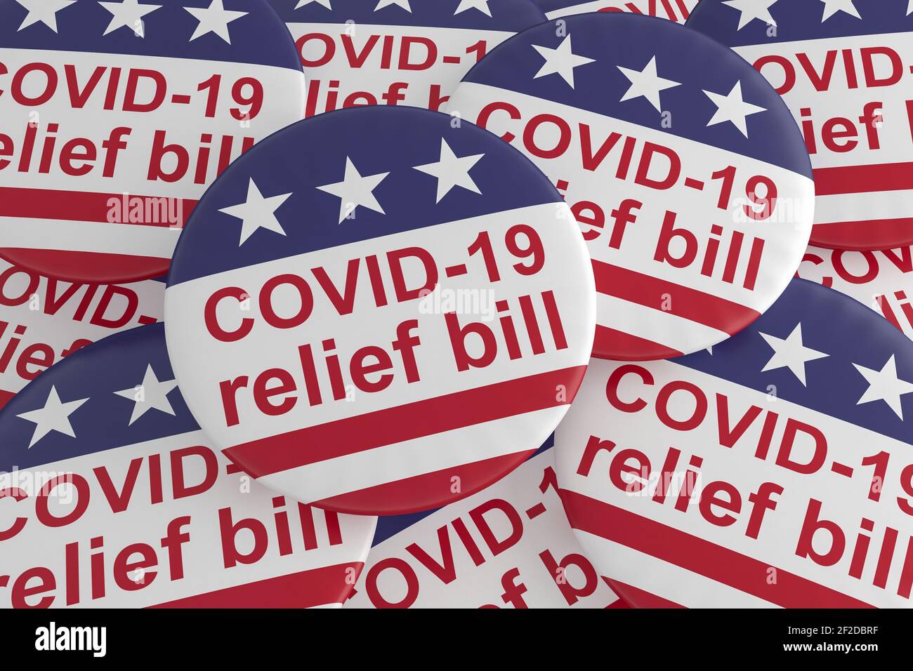 Pile of COVID-19 Relief Bill Buttons With US Flag, 3d illustration Stock Photo
