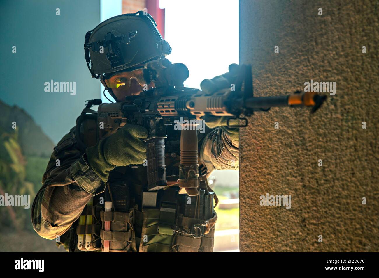Jacksonville, United States. 10th Mar, 2021. Dutch Marines with 32nd Raiding Squadron simulate a combat scenario in an Infantry Immersion Trainer during Exercise Caribbean Urban Warrior at Camp Lejeune March 10, 2021 in Jacksonville, North Carolina. Credit: Planetpix/Alamy Live News Stock Photo