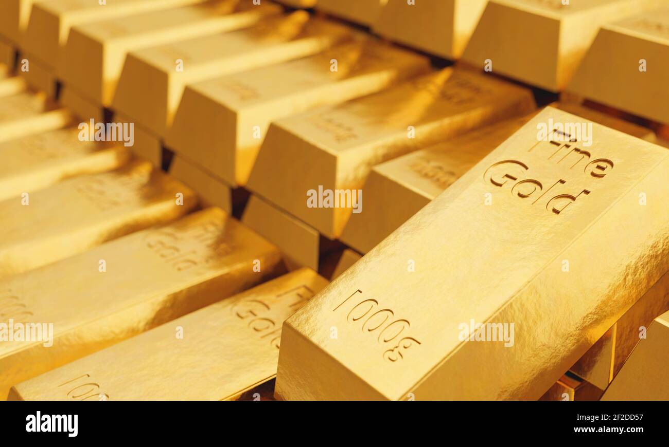 many fine gold bars weighing 1kg with blurred background. 3d