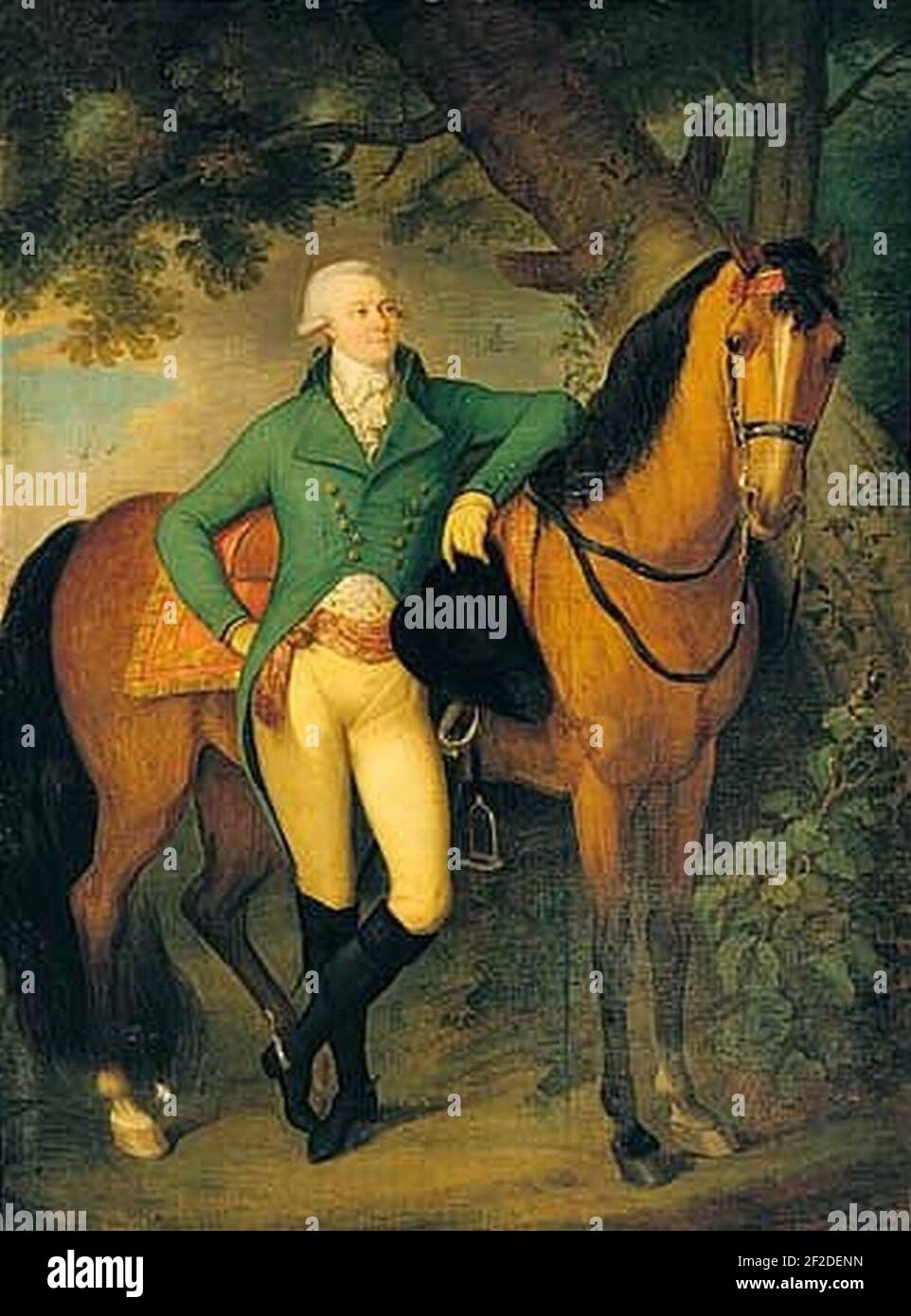 Portrait of Jean-Guillaume-Michel, 2nd Comte de Borchgrave d'Altena, wearing a green coat, in a landscape. Stock Photo