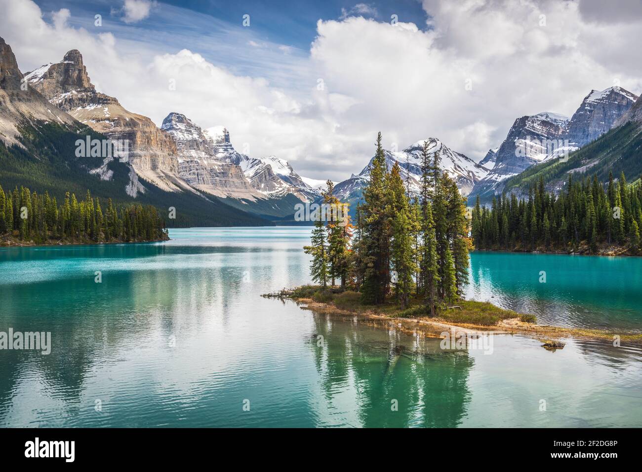 The famous Spirit Island of Maligne Lake with its vivid aqua, glacially ...