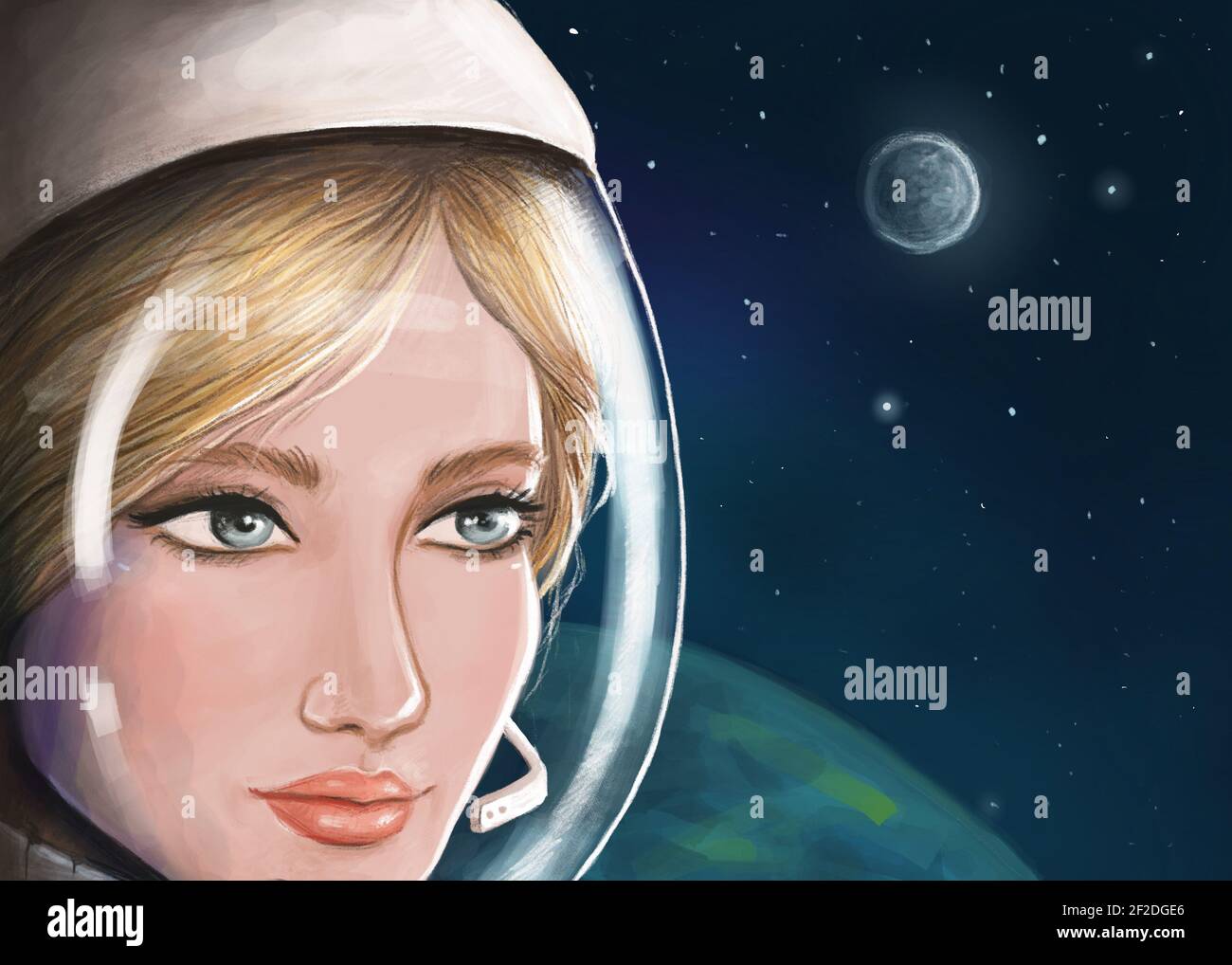 hand-drawn digital illustration of a female astronaut Stock Photo
