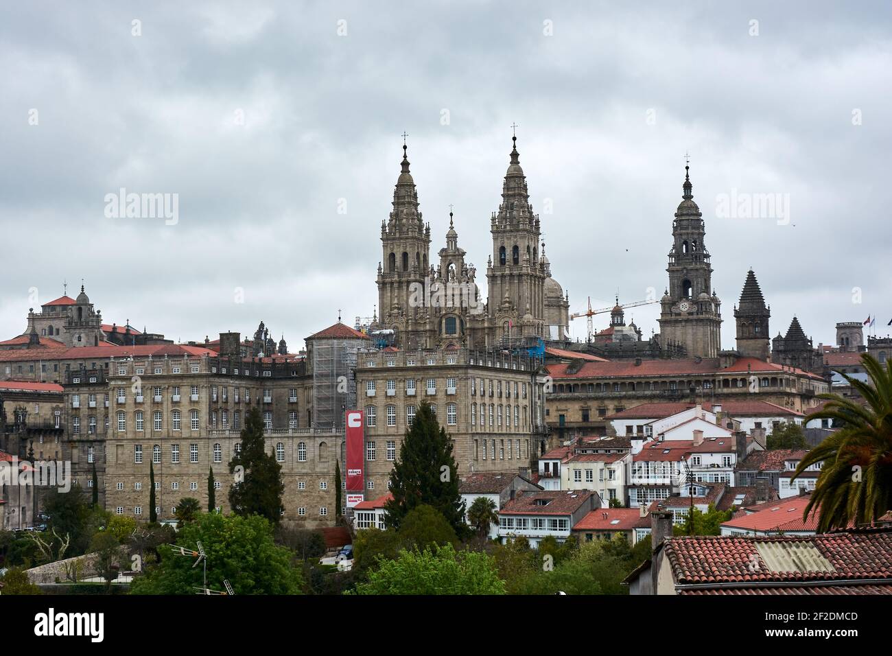 MAY 2, 2018 - GALICIA, SPAIN: View of the city and Cathedral of Santiago de Compostela (Cathedral of Saint James) from the Alameda Park. Horizontal sh Stock Photo