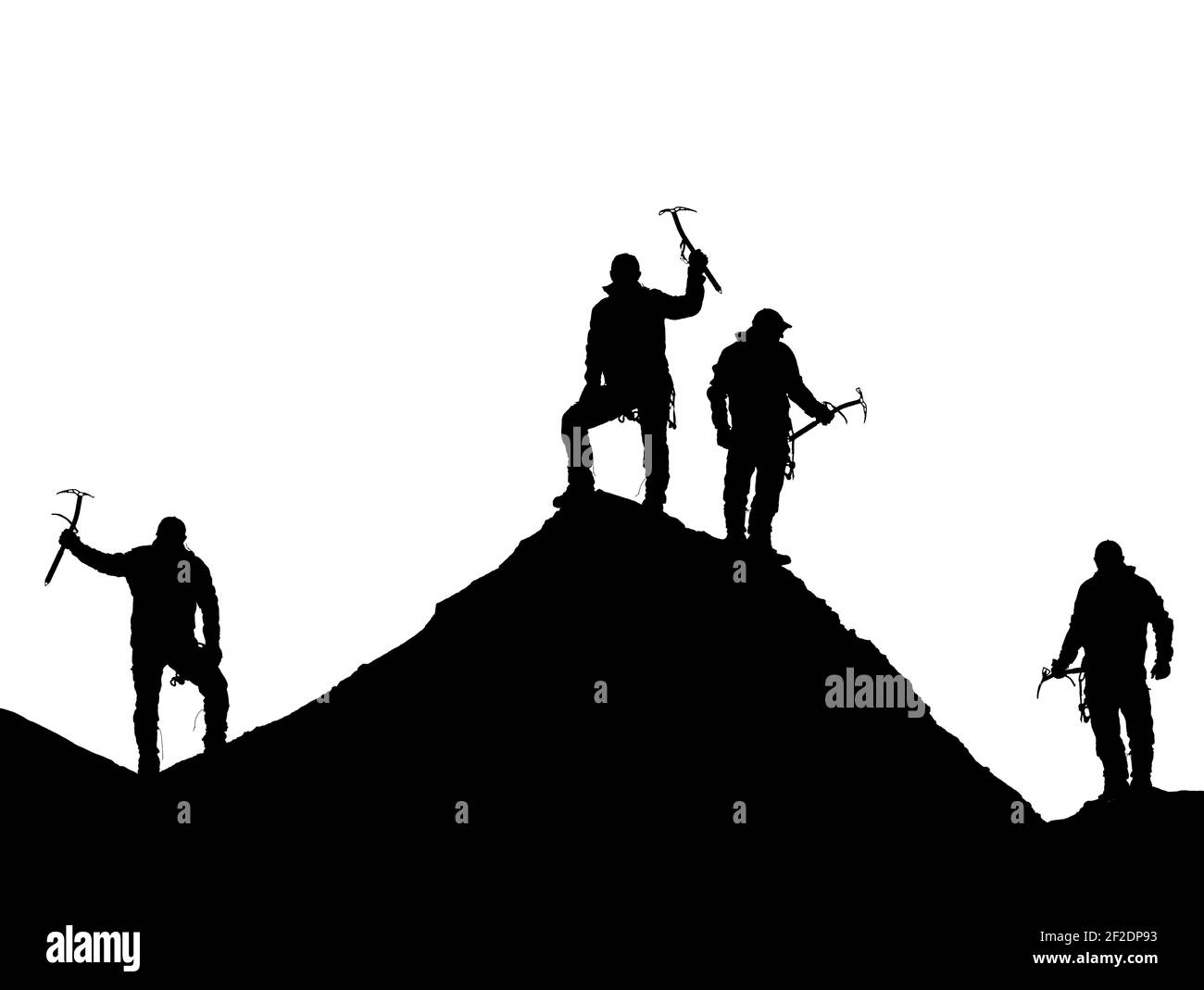 silhouette of four climbers with ice axe in hand on top of Mount Everest silhouette, black and white mountain vector illustration logo Stock Photo