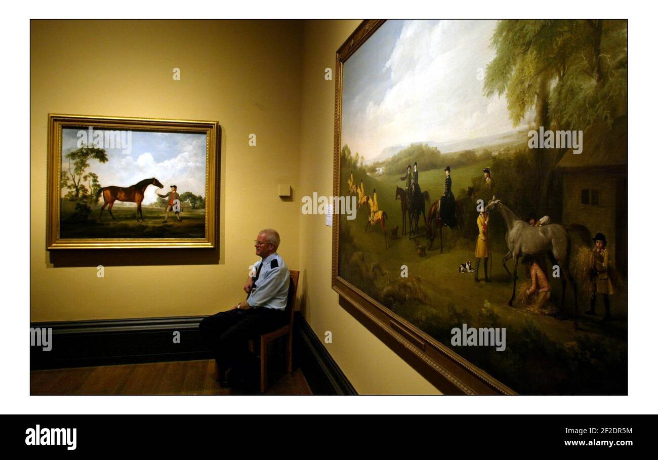 Stubbs and the Horse......The Duke of Ancasters Stallion, Spectator with a Groom 1765-6 (left image) and The Dutchess of Richmond and Lady George Lennox watching the Duke of Richmonds racehorses at exercise 1759-60 (right) by George Stubbs  in the Sainsbury Wing of The National Gallery..29 June - 25 September..pic David Sandison 20/6/2005 Stock Photo