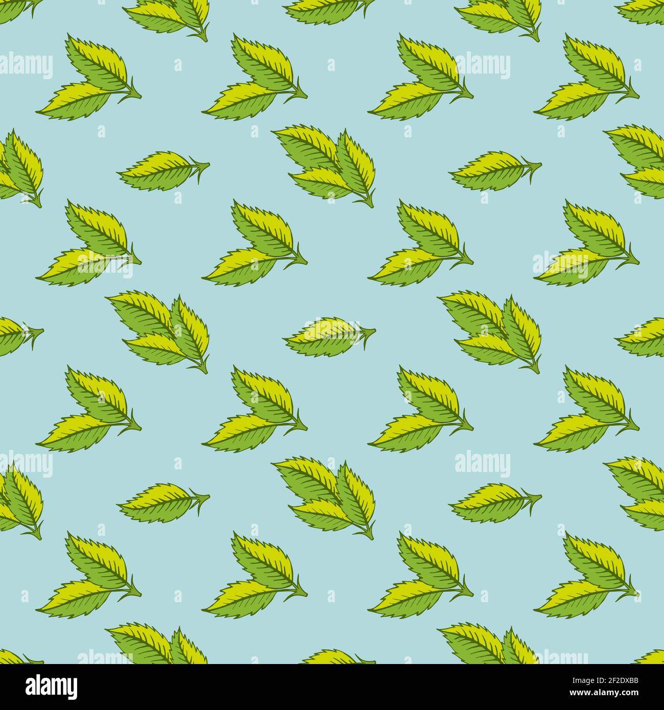Vector seamless pattern with hand drawn leaves. In blue and green ...