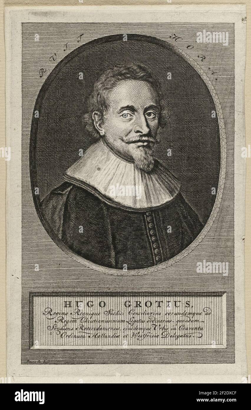 Portret van Hugo de Groot in ovaal met motto. Onder het portret zijn naam en titels. Stock Photo