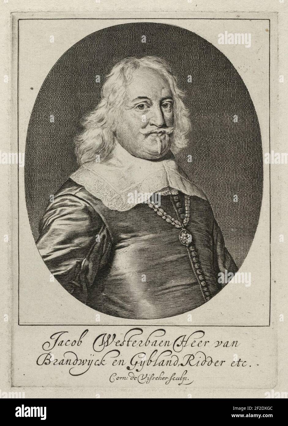 Portret van Jacob Westerbaen, heer van Brantwyck-en-Ghybelant Nederlandse ridder, dichter, arts en remonstrants predikant. Om zijn hals een keten waaraan een medaillion. Stock Photo