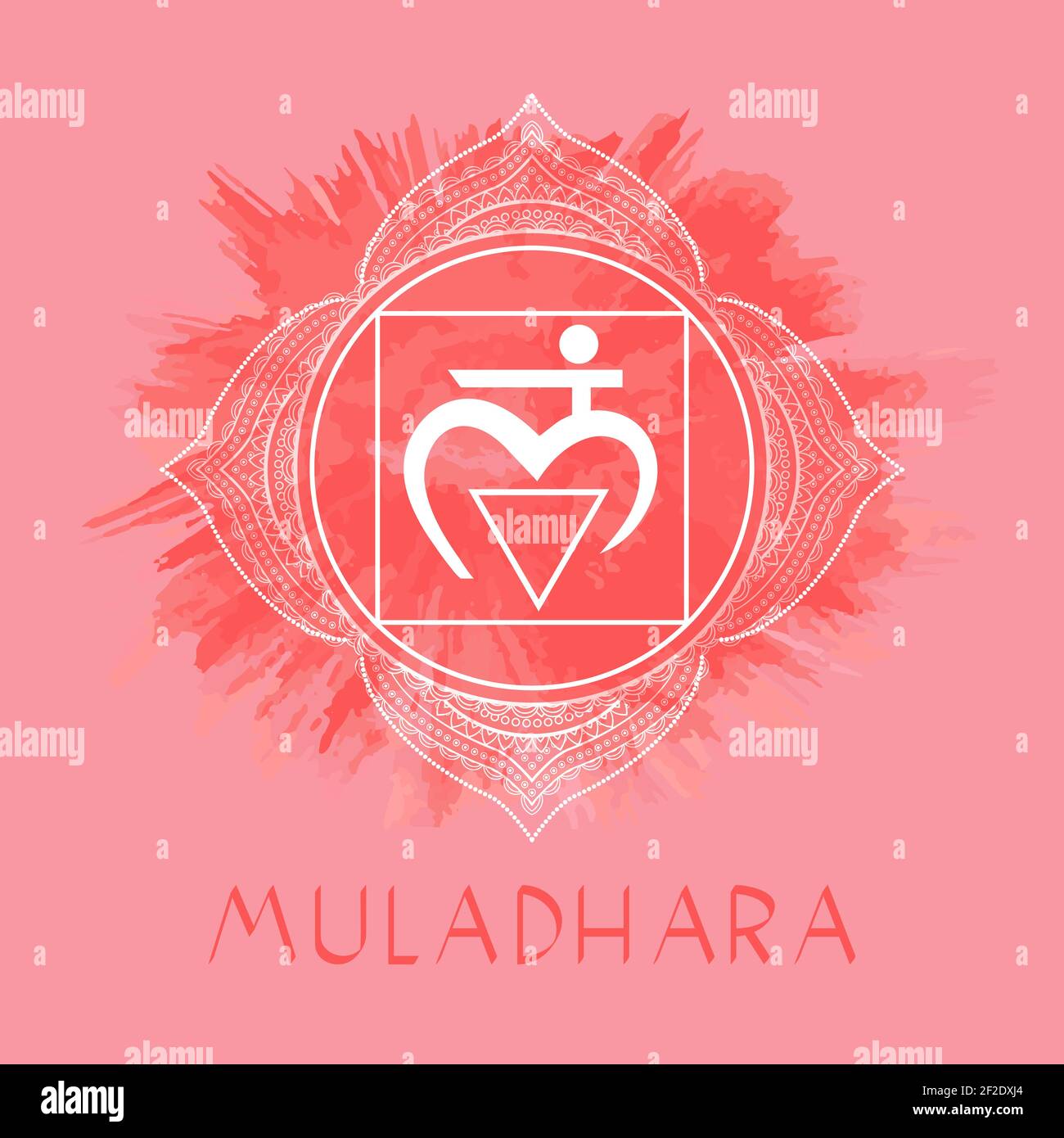 Vector illustration with symbol Muladhara - Root chakra on watercolor background. Circle mandala pattern and hand drawn lettering. Multicolor. Stock Vector