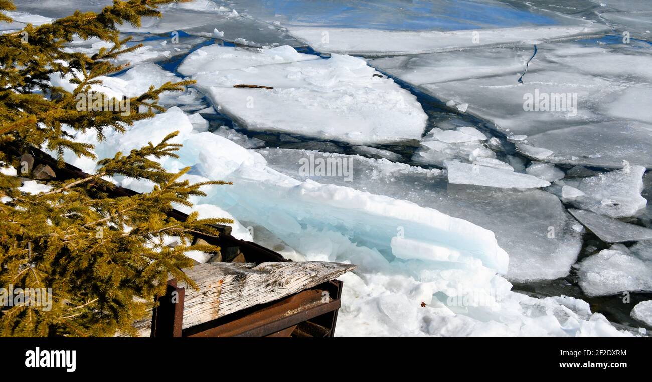 Shoreline and Lake Superior ice during spring breakup on a sunny day. Stock Photo