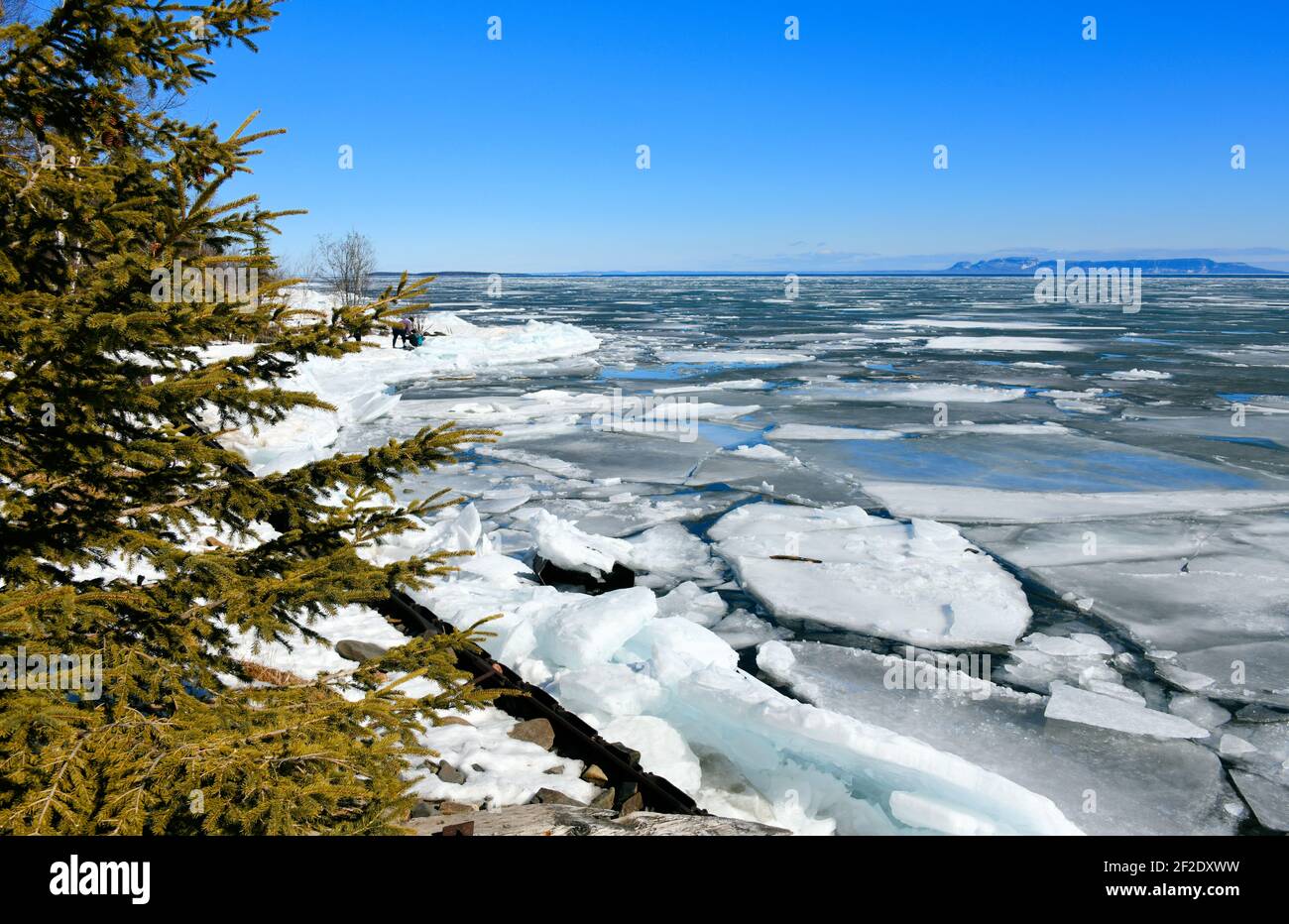 Shoreline and lake ice during spring breakup of Lake Superior at Chippewa Park, Thunder Bay, Ontario, Canada. Stock Photo
