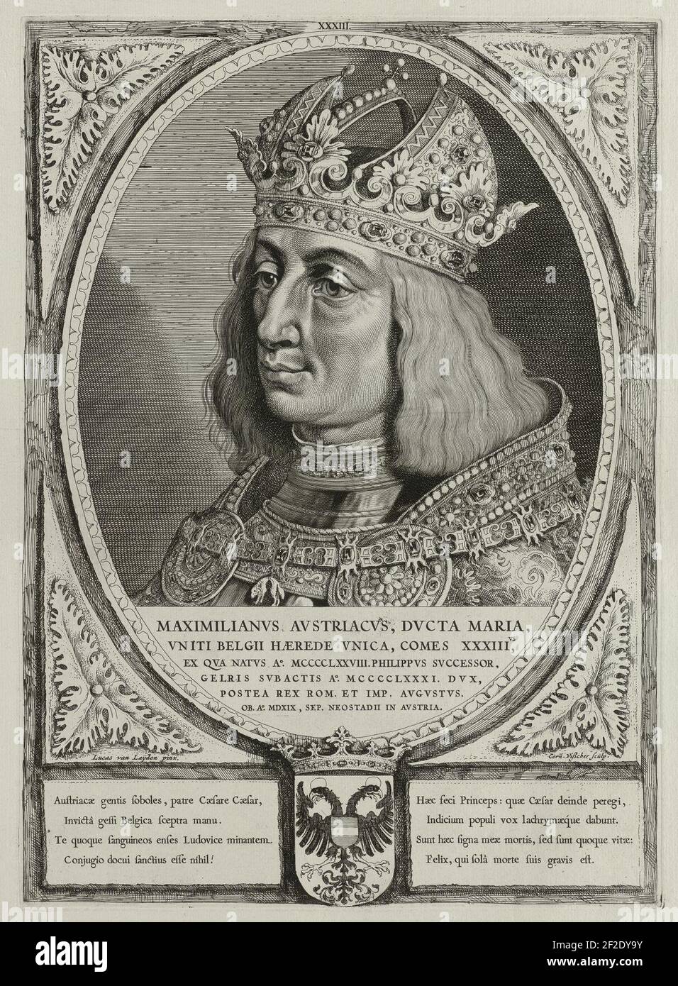 Portret van Maximiliaan I van Habsburg, Rooms-Duits keizer. Hij draagt een kroon versierd met parels en edelstenen, en heeft om zijn hals een keten met het ordeteken van de orde van het guld, Stock Photo