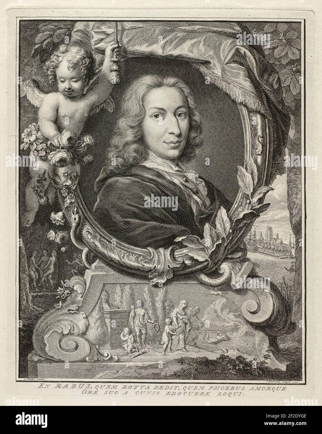 Portret van Pieter Rabus in een ornamenteel ovaal medaillon. Het portret rust op een piëdestal waarop een reliëf met de voorstelling van enkele classicistische figuren bij een grafzerk en ee, Stock Photo