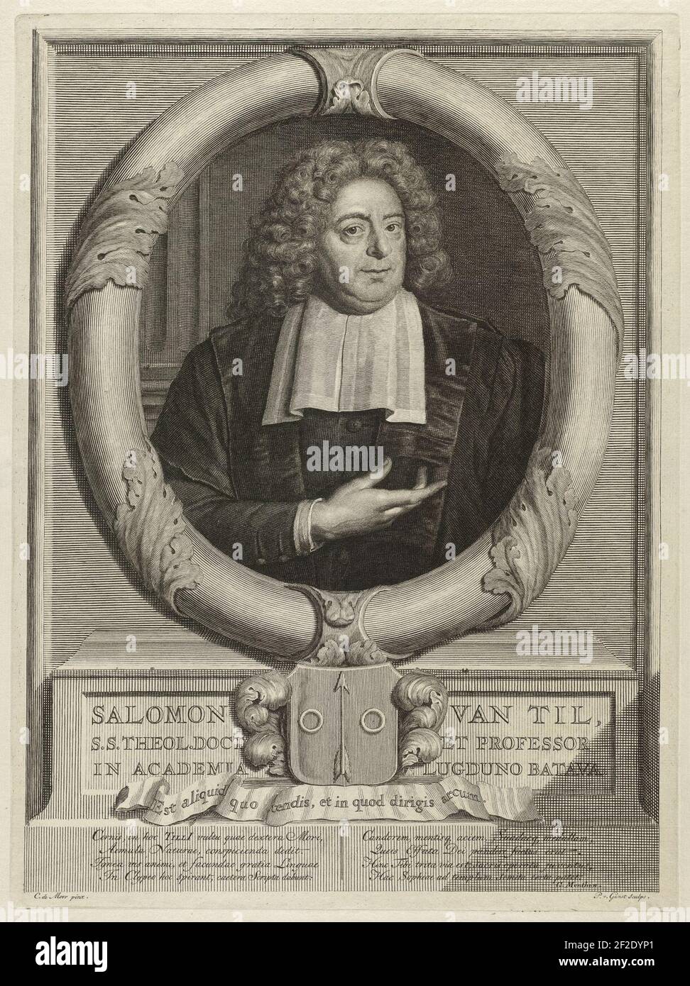 Portret van Salomon van Til, Coccejaans predikant, op 48-jarige leeftijd. De prent heeft een Latijns lofdicht. Onder de prent zijn wapenschild en de voorstelling van Christus en van koning D, Stock Photo