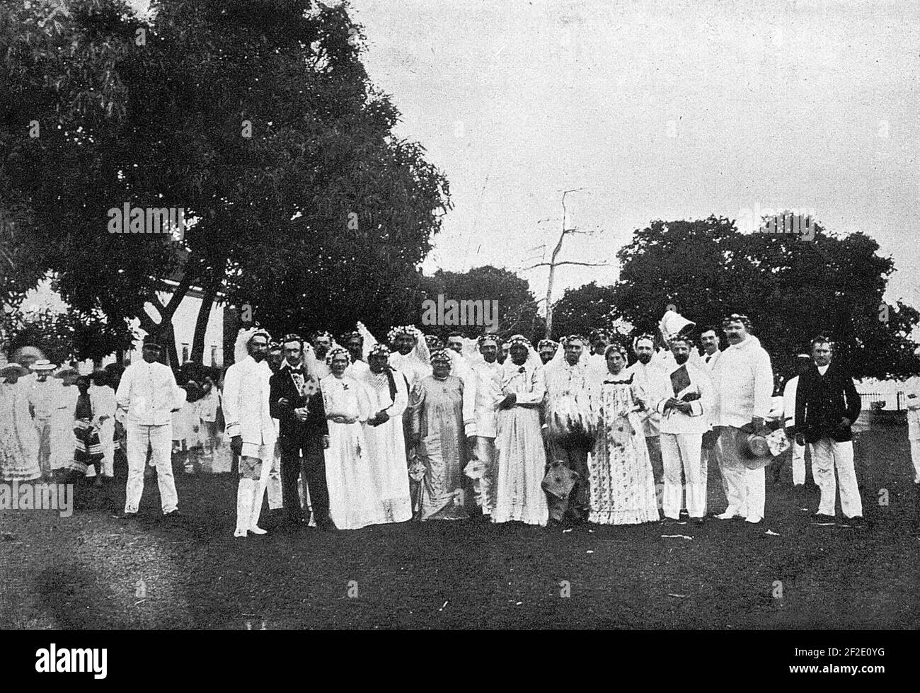 Après l’annexion pacifique des îles Huahiné et Bora-Bora. This photograph was taken on Bora Bora after a banquet. Stock Photo