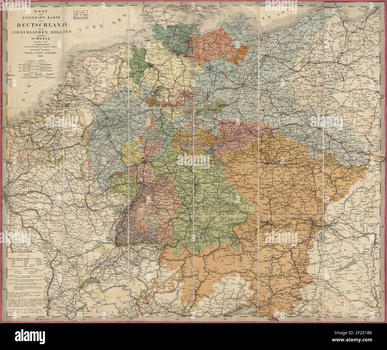 Post- und Eisenbahn-Karte von Deutschland, den Niederlanden, Belgien und der Schweiz Stock Photo