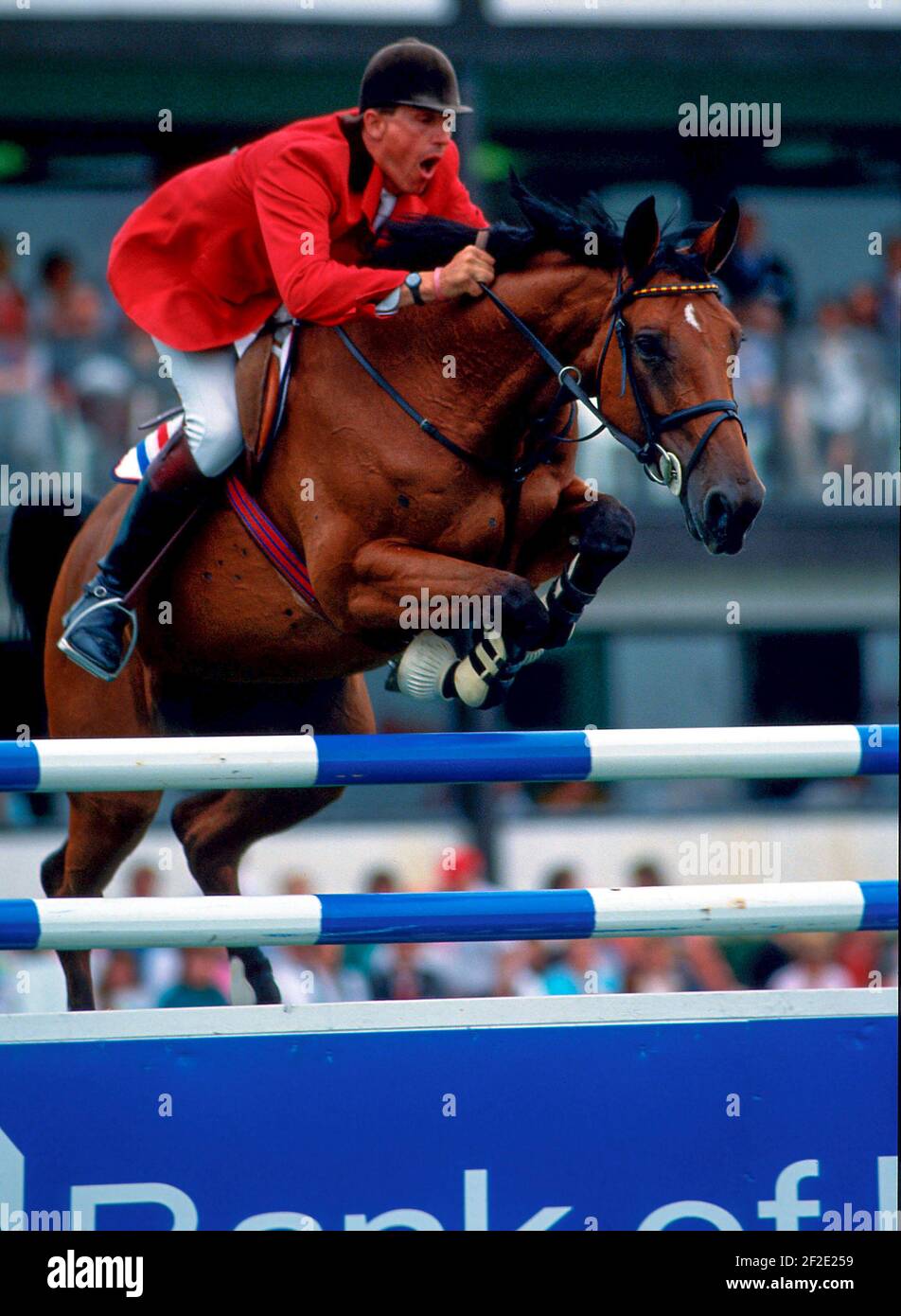 CSIO Masters, Spruce Meadows, September 1991 , Piet Raymakers (NED) riding Ratina Z Stock Photo