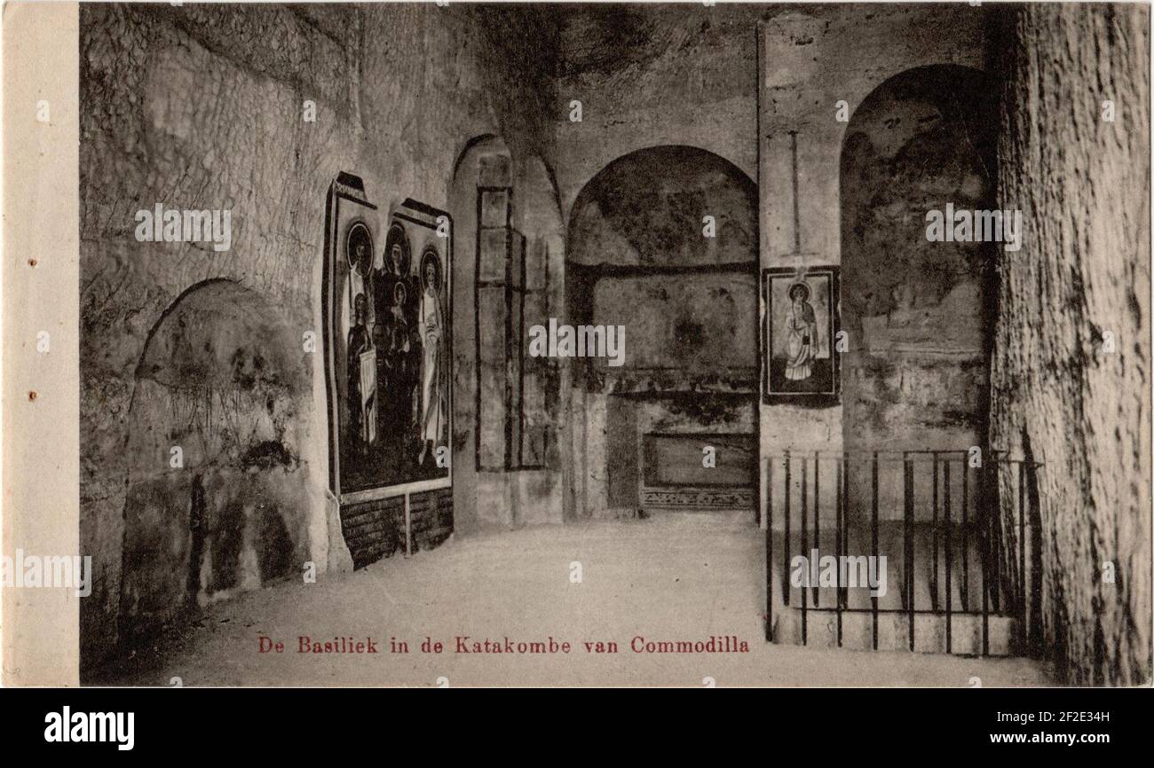 Postcard De Basiliek in de Katakombe van Commodilla recto. Stock Photo
