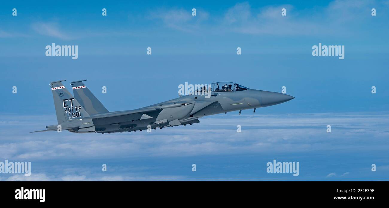 Valparaiso, United States. 11th Mar, 2021. U.S. Air Force Lt. Col. Richard Turner, Commander, 40th Flight Test Squadron, and Lt. Col. Jacob Lindaman, Commander, 85th Test & Evaluation Squadron, deliver the first F-15EX next generation fighter jet to Eglin Air Force Base March 11, 2021 in Valparaiso, Florida. Credit: Planetpix/Alamy Live News Stock Photo