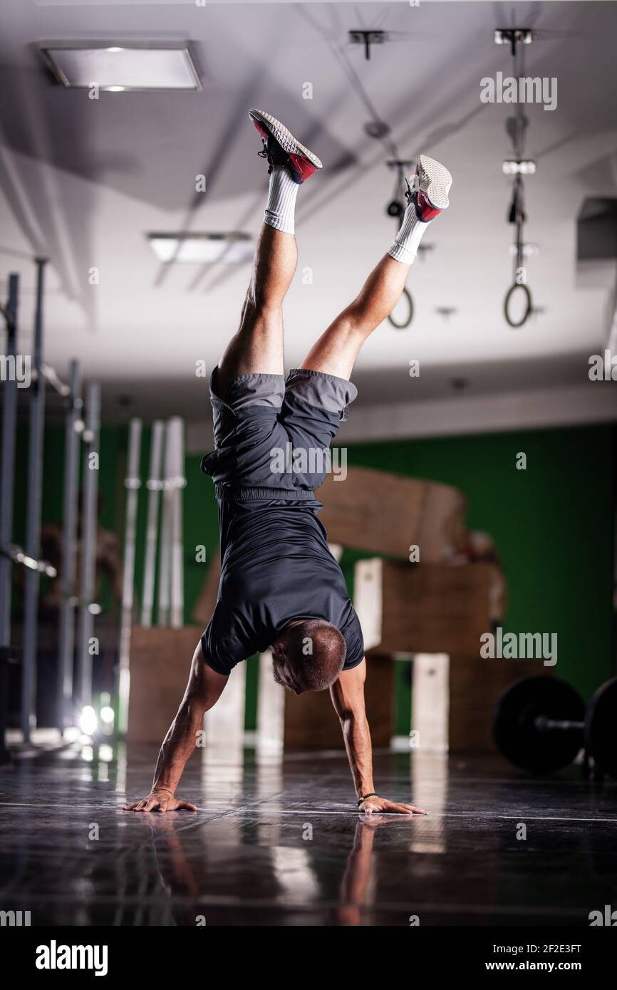 Muscular athlete standing and walking on hands upside down Stock Photo ...