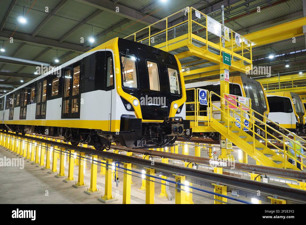 Trains parked in a subway maneuvering yard. The Lima City Metro Line 2, still under construction, runs from east to west, has an extension of 27 kilometers and 27 stations Stock Photo