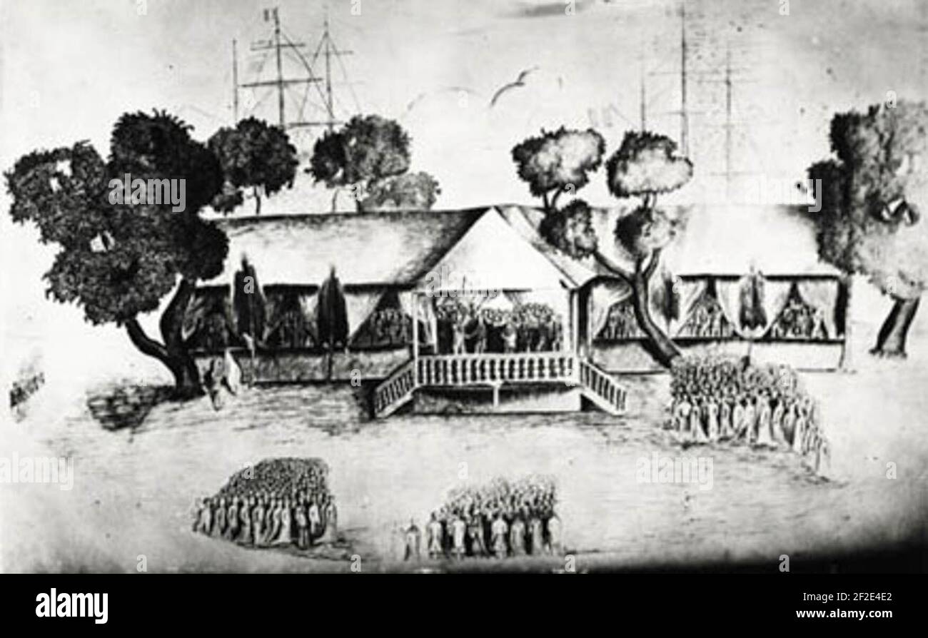 Naive illustration depicting the meeting scene from Tahiti to France Stock Photo