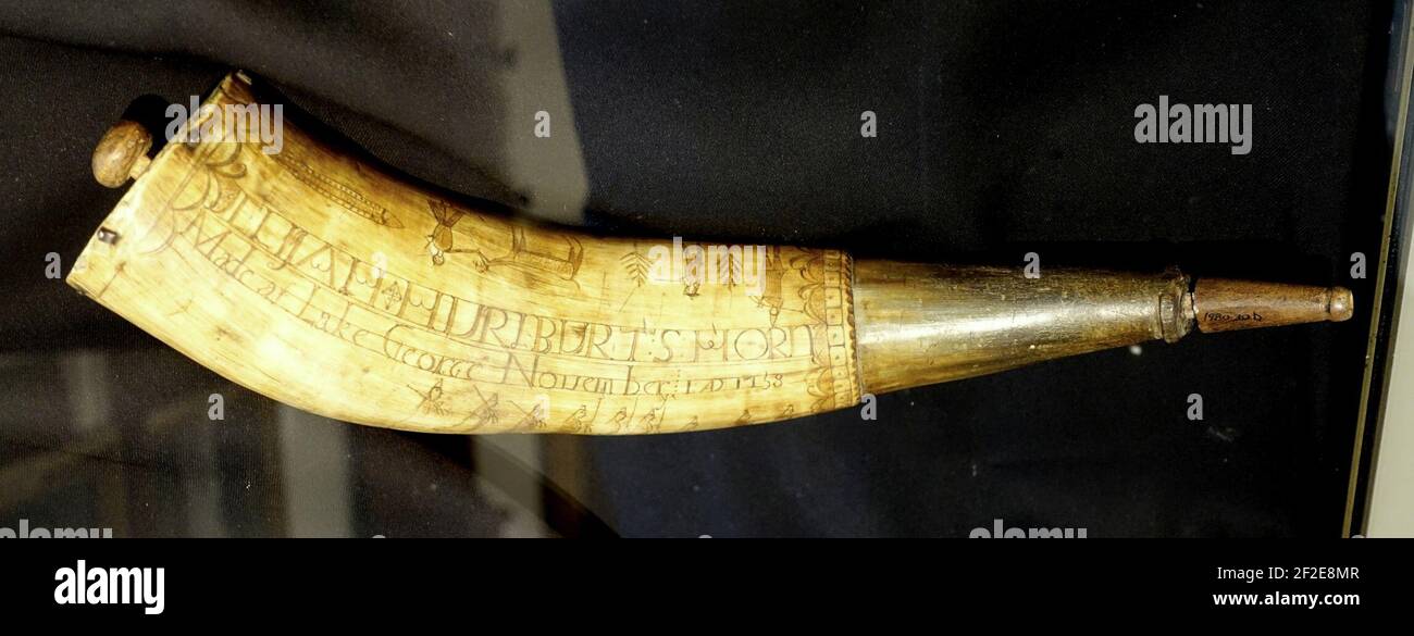Powder horn owned by Elijah Hurlburt, maker unknown, Lake George NY, 1758 Stock Photo