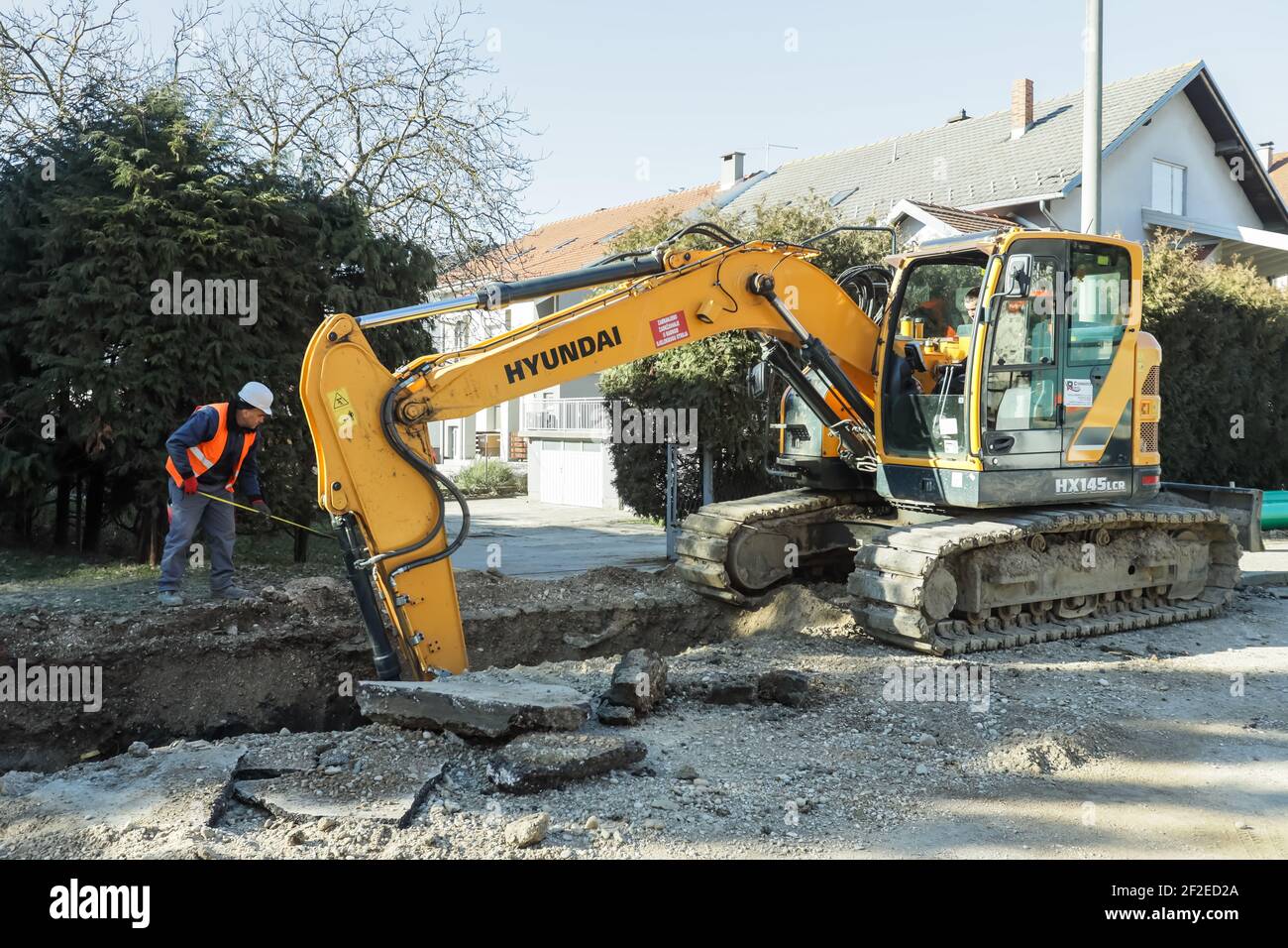 Workers are laying pipes for a new sewer as part of the Velika Gorica Agglomeration project Stock Photo