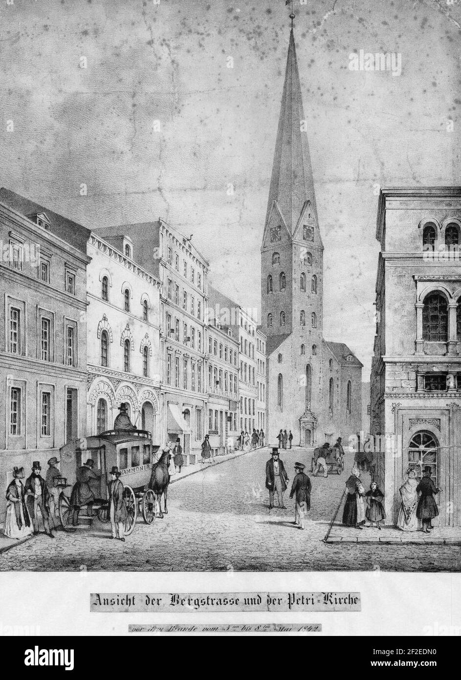 Ansicht der Bergstrasse und der Petri-Kirche vor dem Brande vom 5-ten bis 8-ten Mai 1842 (1850). Stock Photo