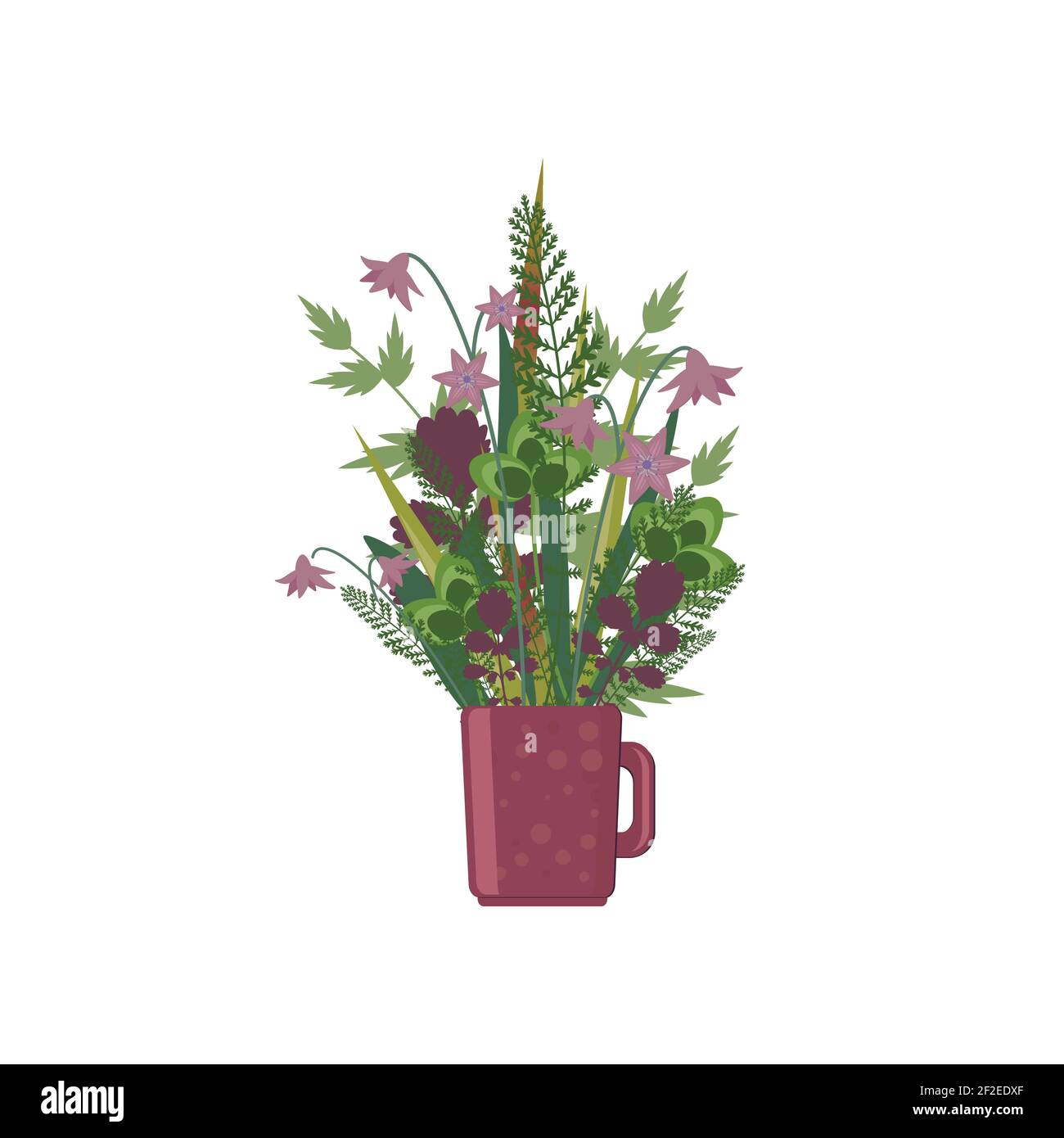 Romantic bouquet with meadow flowers, blades of grass, twigs and sprigs in violet cup. Wildflowers, field herbs, cereal and grass elements. Vector sum Stock Vector