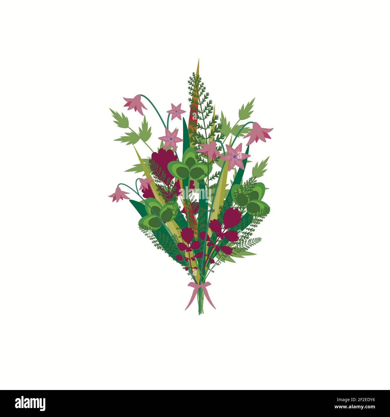 Romantic bouquet with meadow flowers, blades of grass, twigs and sprigs in violet cup. Wildflowers, field herbs, cereal and grass elements. Vector sum Stock Vector