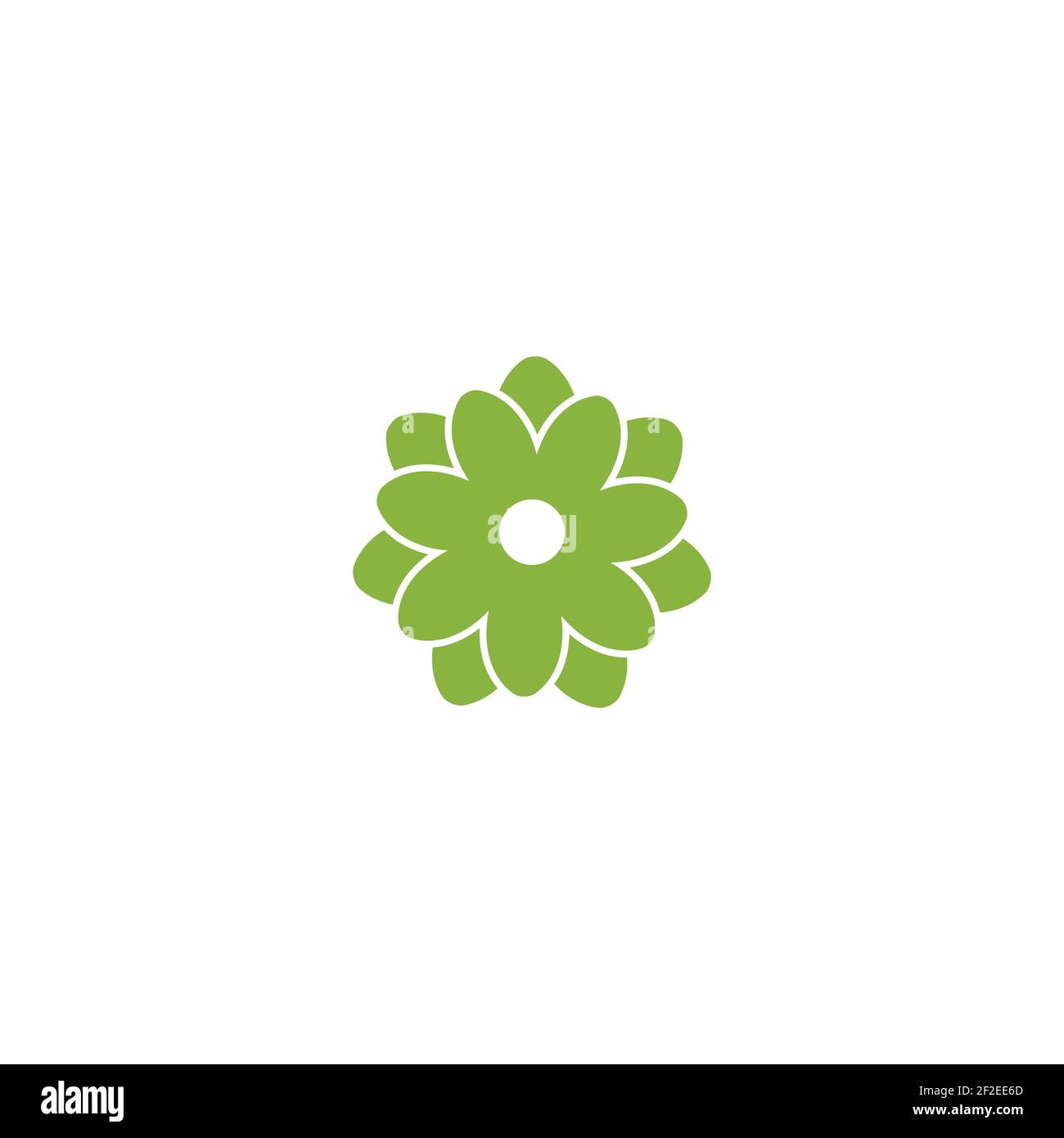 Green flat icon of chrysanthemum flower. Big Bloom with big oval petals and white core. Stock Vector