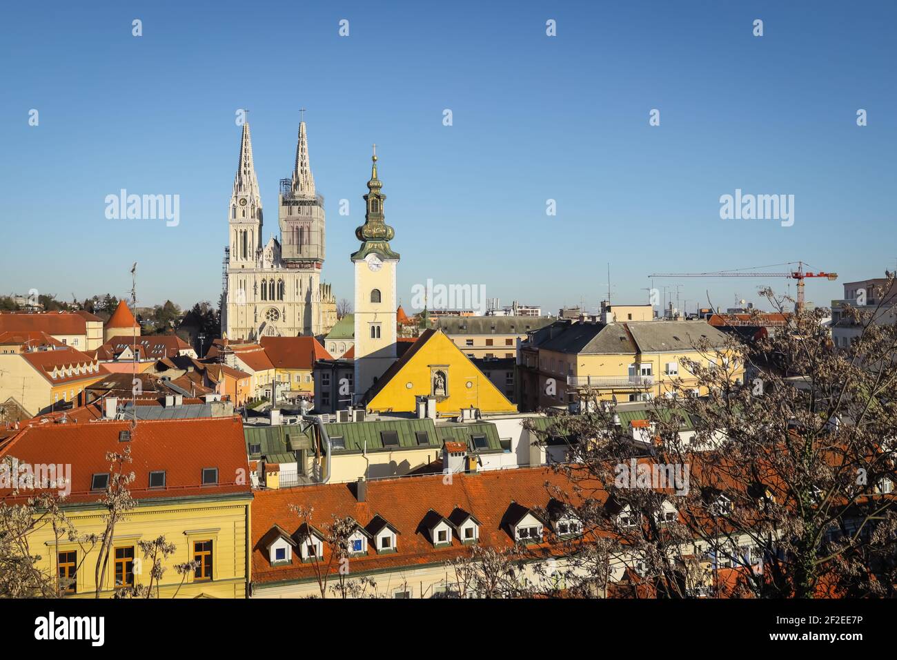 View of the Zagreb Cathedral from the upper city. Metal crosses were placed on the towers of the cathedral due to the damaged original tops of the tow Stock Photo