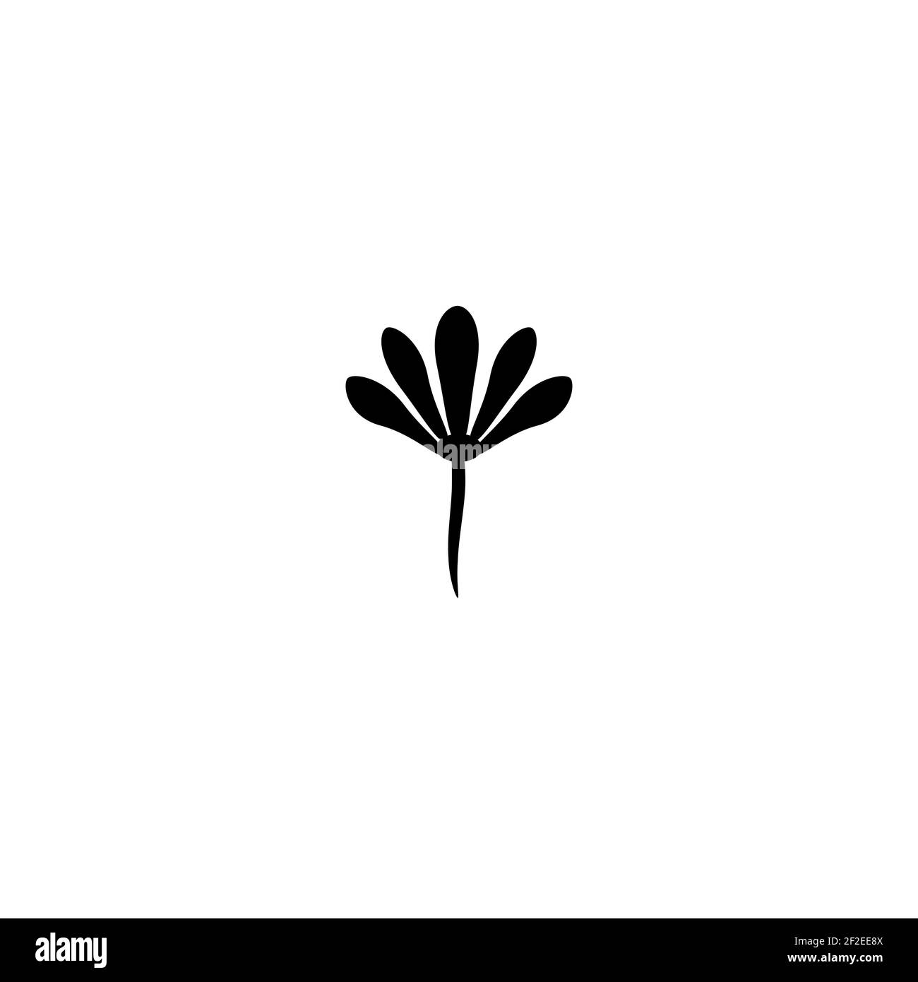 Black flat icon of dandelion flower with curved sprig. Big Bloom with big shabby petals. Isolated on white. Vector illustration. Eco style. Nature sym Stock Vector