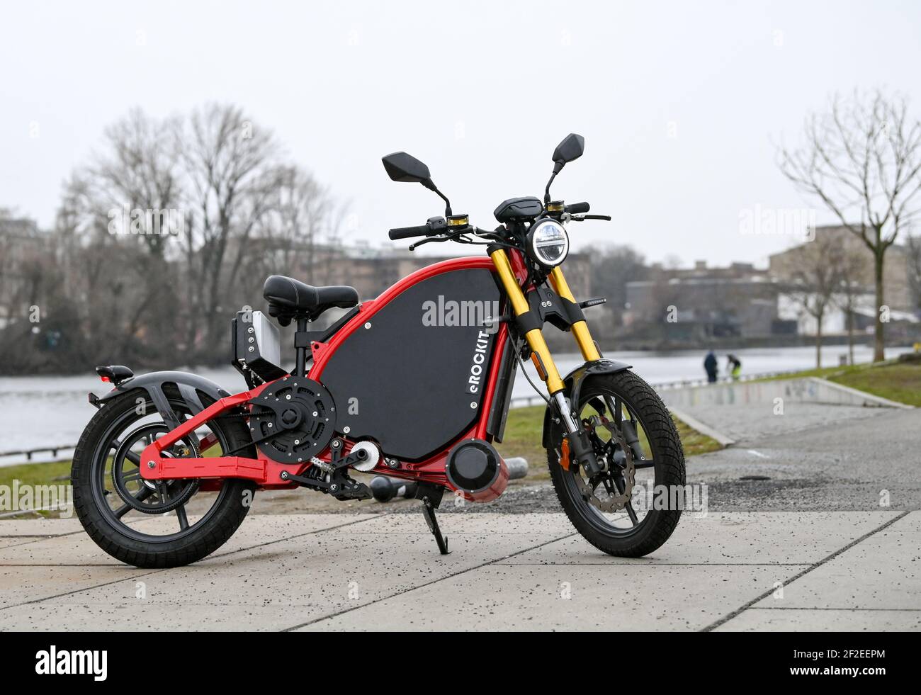 Berlin, Germany. 11th Mar, 2021. The pedal-controlled electric motorcycle  eROCKIT at the official presentation on the banks of the Spree. The  so-called Human Hybrid multiplies muscle power up to 50 times when