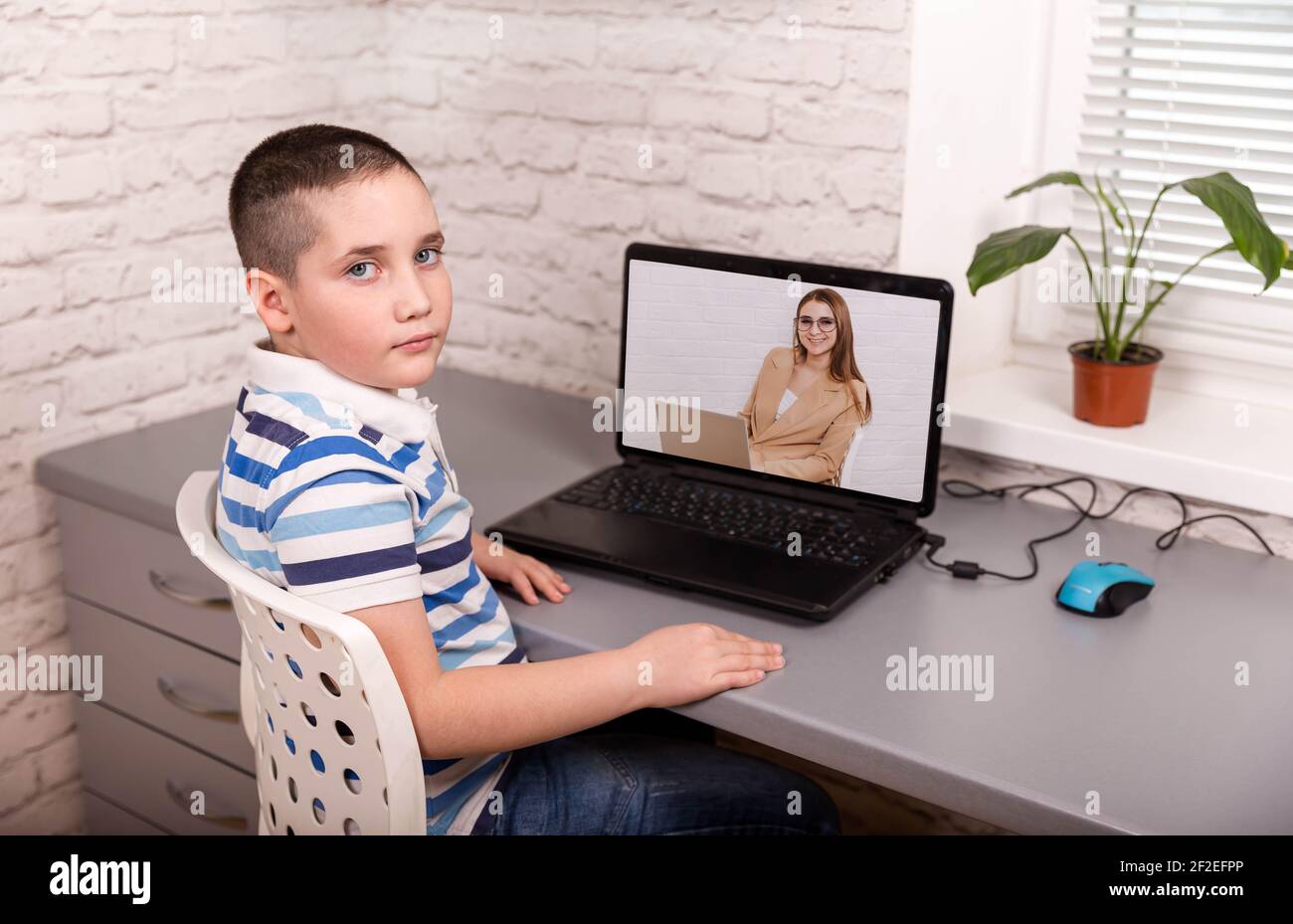 Schoolboy studying homework math during his online lesson at home Stock ...