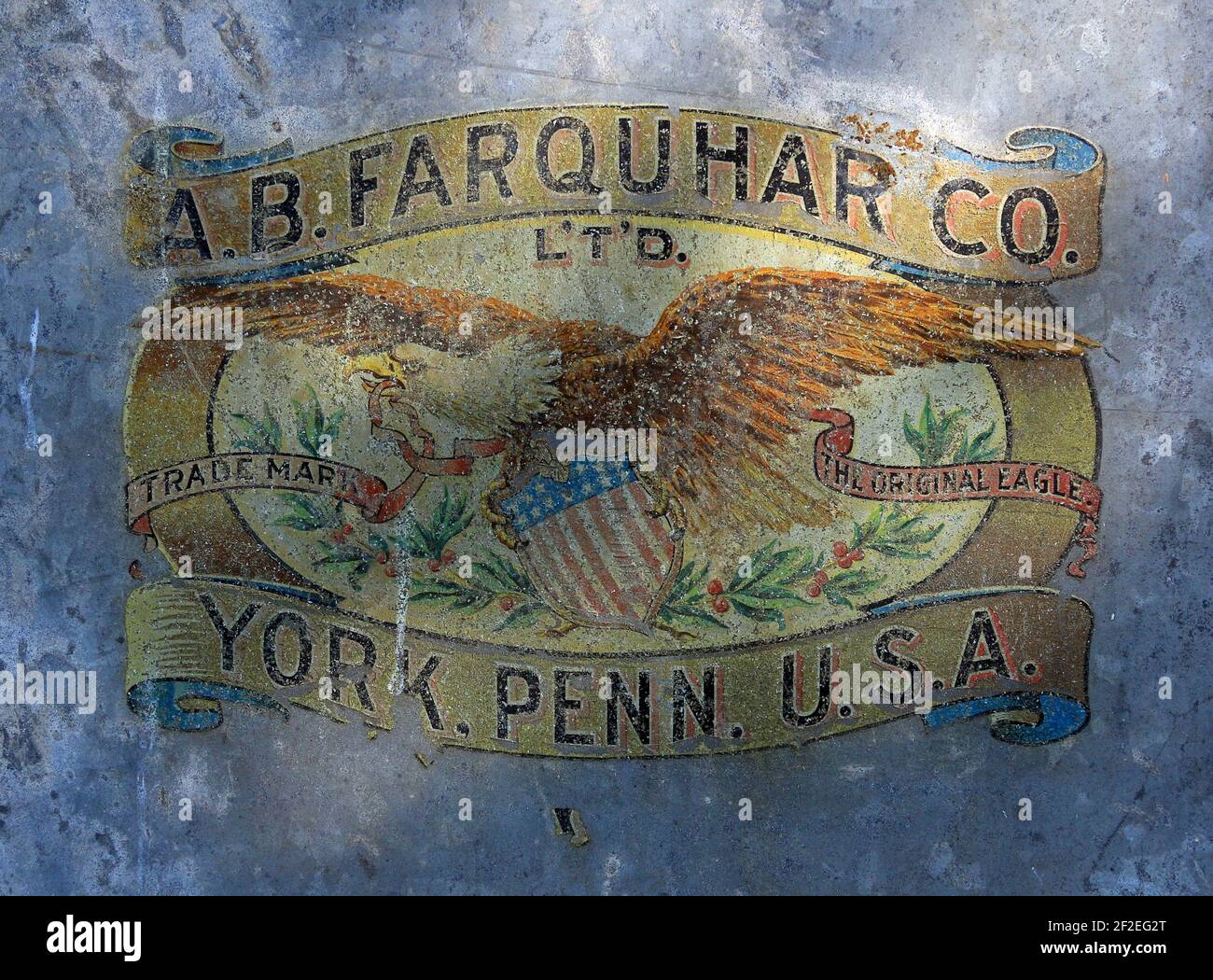 Antique sign and logo for farm equipment manufacturer A.B. Farquhar Company. Stock Photo