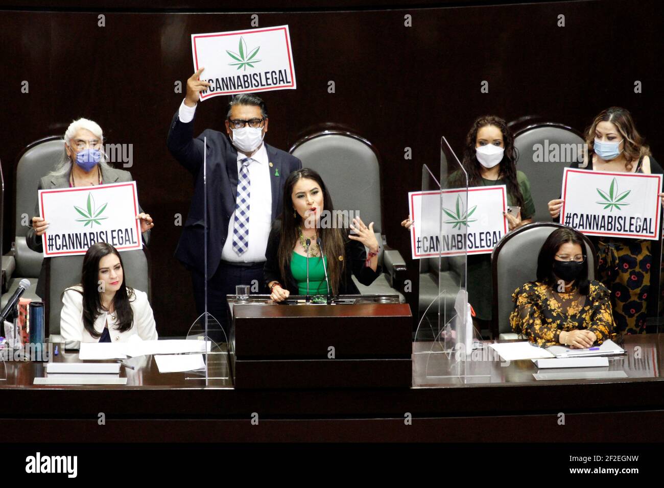 Mexico City, Mexico. 10th Mar, 2021. The legislator of the National Regeneration Movement Political Party in the Chamber of Deputies of Mexico, Simey Olvera, urged his fellow legislators to approve the regulation of marijuana and at the end of the discussion the decriminalization and regulation of the recreational use of marijuana was approved. Mexico City, Mexico, March 10, 2021. Photo by Luis Barron/Eyepix/ABACAPRESS.COM Credit: Abaca Press/Alamy Live News Stock Photo