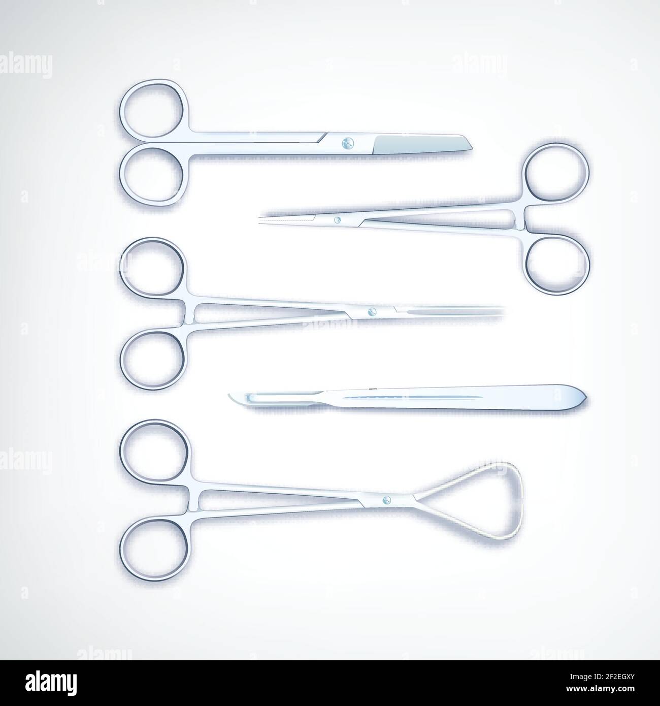 Realistic medical tools set with metal scissors scalpel and tweezers on